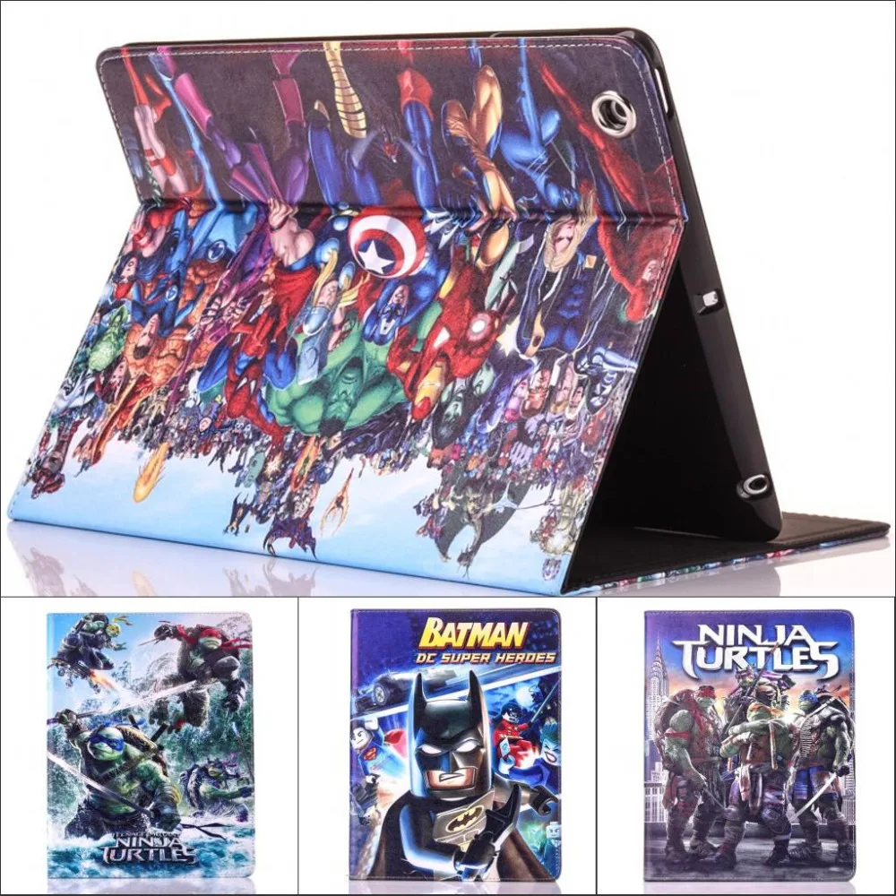 

Fashion movie superhero batman turtles Captain America pu leather stand holder case cover for Ipad air 2