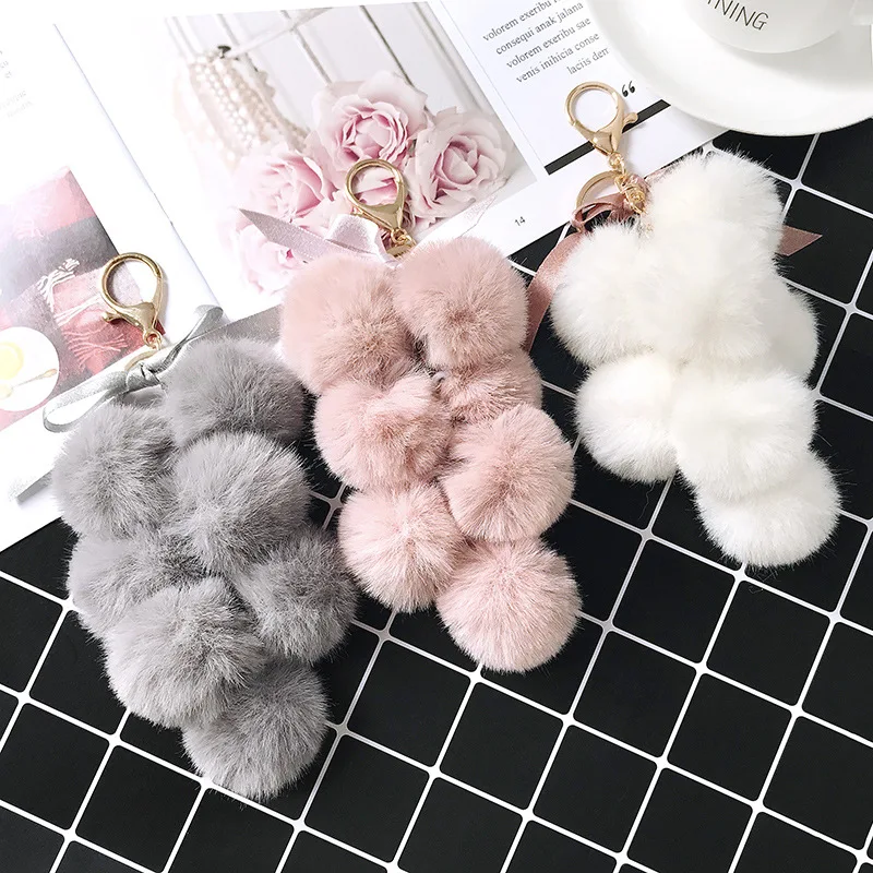 

Fancy&Fantasy New Fruit Pom Pom Ball Key Chain Faux Rabbit Fur Pompom Grape Keychain Women Bag Pendant Charms Key Ring Llavero