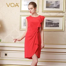 Vestidos Mujer VOA Brand Silk Solid Red Women Dress 2017 Summer Ruffles O-Neck Brief Knee-Length Vestido Female A6561