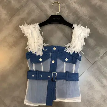 

2019 Promotion Cotton Regata Feminina Tops Women Summer Top Petal Shoulder Strap Decoration Spelling Belt Waist Vest Female