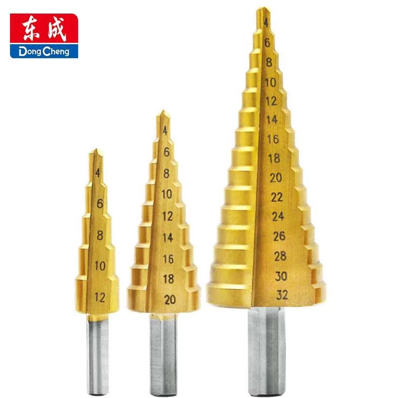 

Dongcheng Metal Drill 4-12/20/32mm Step Drill Bit Spiral Flute HSS 4241 Steel Cone Titanium Coated Mini Drill Bit Drilling