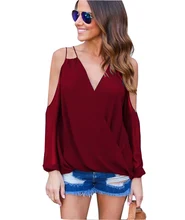 Women Sexy Sling Off Shoulder V-Neck Chiffon Shirt Blouse Lady Sling ChiffonTop Shirt Female Long Sleeve Blusa Cool Blouse