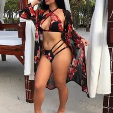 Новинка года Женские Цветочные Комплект из 3 предметов Бикини Sexy шифон Push-Up Мягкие повседневное свободная одежда для пляжа купальник пляжная одежда с Cover Up