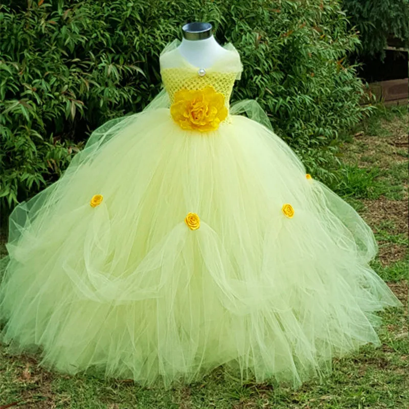 Платье-пачка принцессы Белль Вечерние Платья с цветочным узором для девочек желтый Детский костюм для косплея