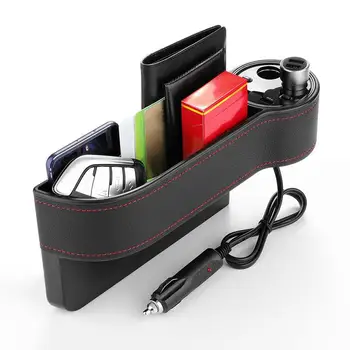 

C15 Multi-use Car Seat Gap Storage Box PU Leather Case Pocket Car Seat Side Slit Voltage Display 2 Cigarette Lighter