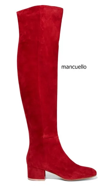 Модные красные замшевые высокие сапоги на квадратном каблуке; стильные женские сапоги до колена с круглым массивным каблуком; Новое поступление