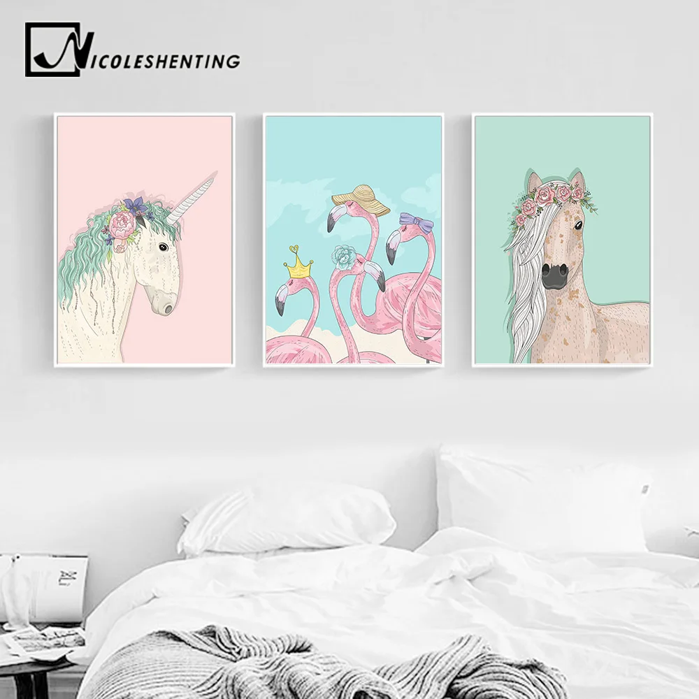 

Unicorn Horse Flamingo Wall Art Canvas Posters and Prints Painting Cartoon Nursery Pictures Baby Bedroom Decoration Home Decor