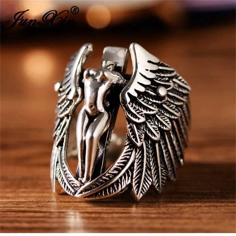 

JUNXIN Punk Mens Angel Wings Cross Ring Antique 925 Silver Color Personality Big Rings For Men Party Domineering Ring Jewelry