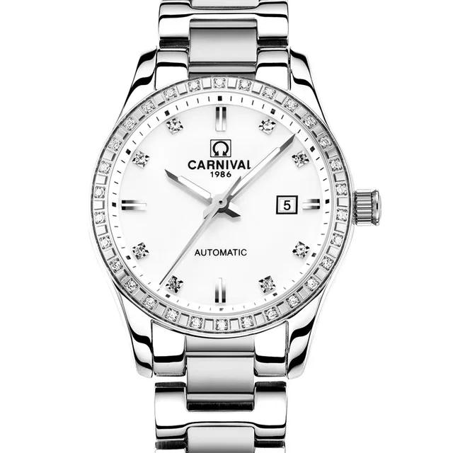 Карнавал лучший бренд класса люкс автоматические механические часы алмаз часы для женщин водонепроницаемый дамы наручные часы relogio feminino - Цвет: silver white