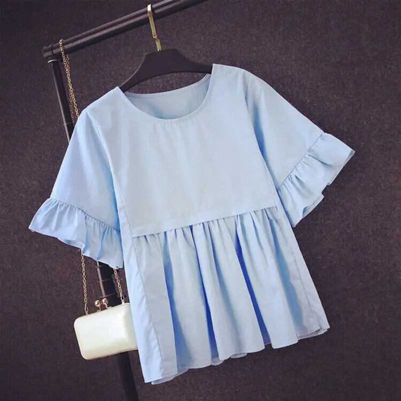 

Ladies Tops Blue Blouses in Women Summer Blue White Solid Flare Sleeve Blouse Women Casual Blouses