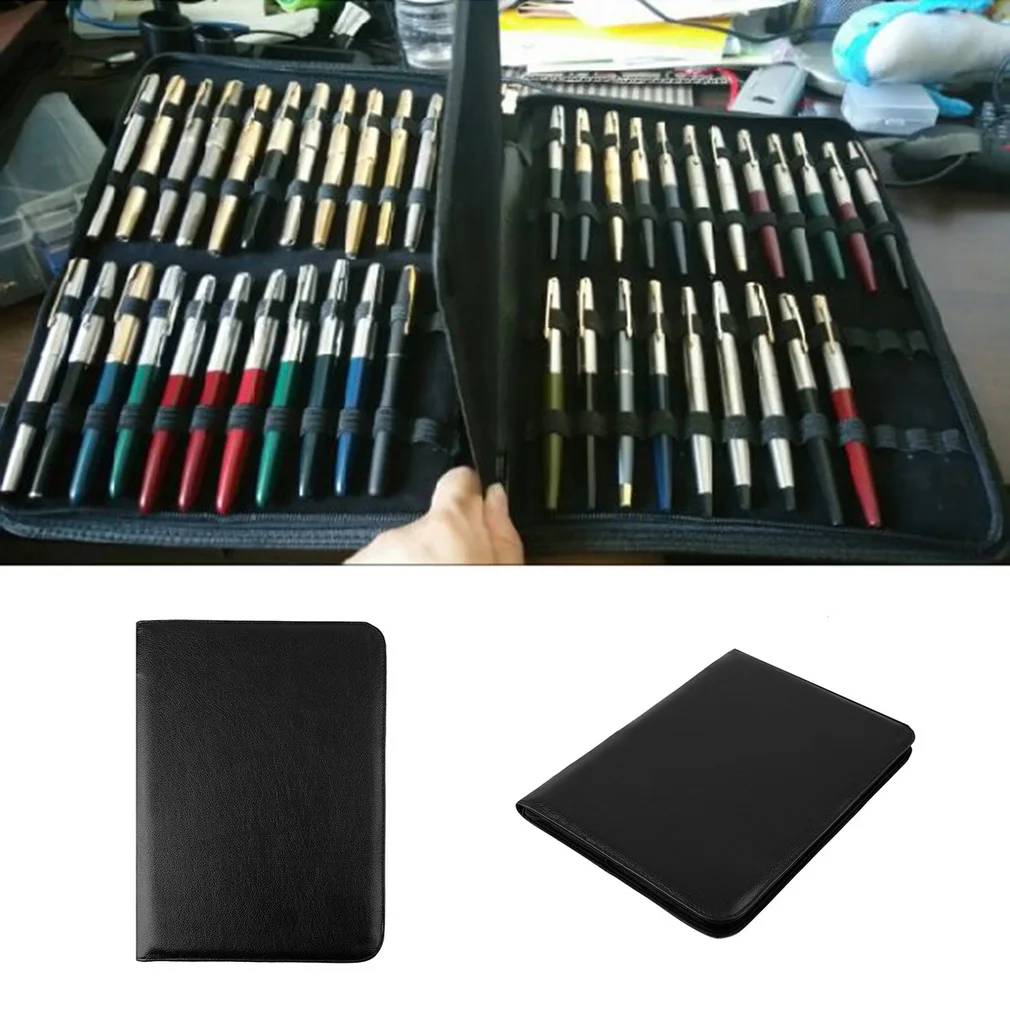 

Black Fountain Pen/Roller Pen Black Color PU Leather Zipper Case for 48 Pens Popular Office College admitted Gift