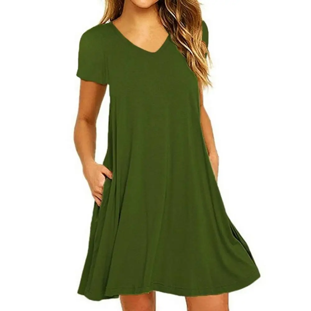 

S-6XL Women Summer Tunics T-shirt Dress Casual Short Sleeve Slim Fit Beach Wear Dress with Pockets Sexy V-neck Ruffles Party