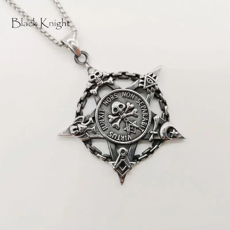 

Black Knight 316 Stainless steel Vintage chain circle skull star pendant necklace Gothetic mens skull star necklace BLKN0766