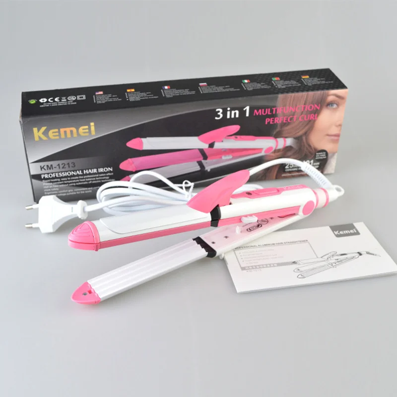 KEMEI 3 в 1 щипцы для завивки волос с европейской вилкой, выпрямитель для волос, многофункциональные профессиональные турмалиновые щипцы для завивки волос, инструменты для укладки D45 - Цвет: pink-with box