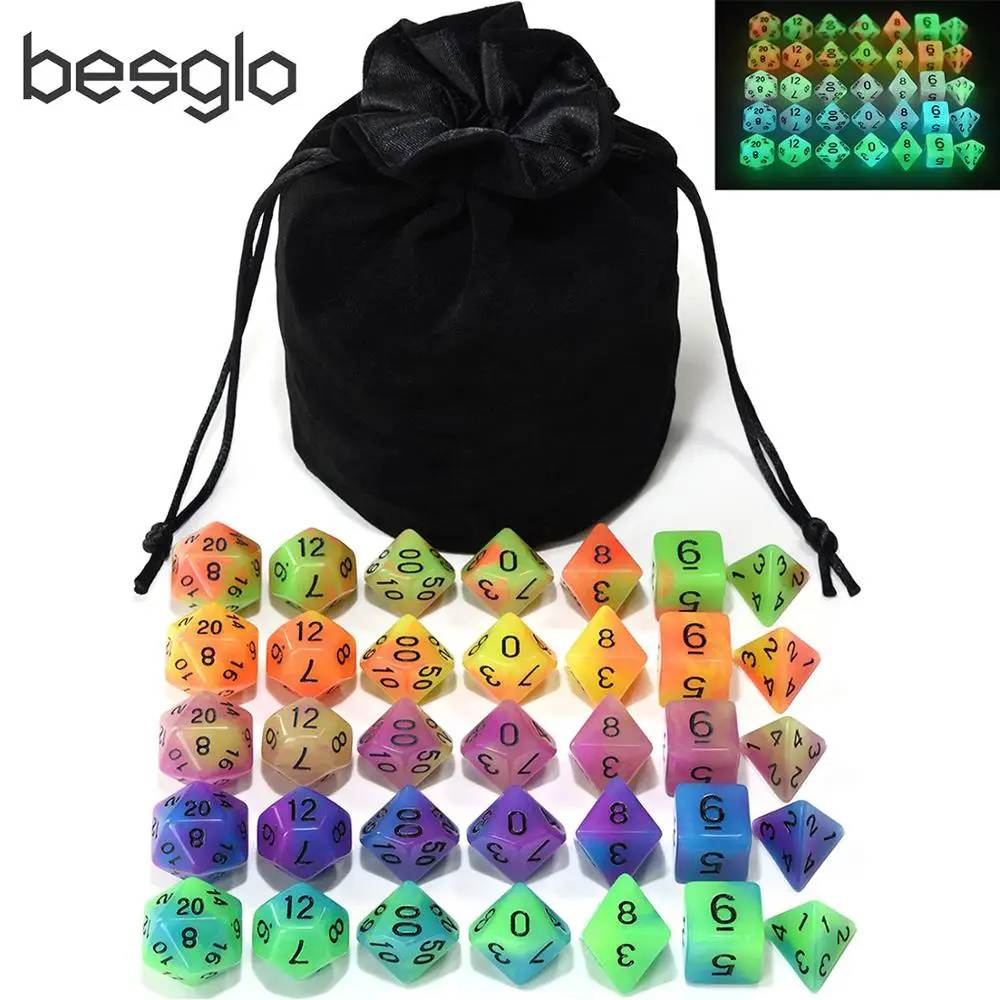 

5 Sets Double Color Glowing Dice with Big Black Pouch for Dungeons and Dragons RPG MTG Math Teaching Games