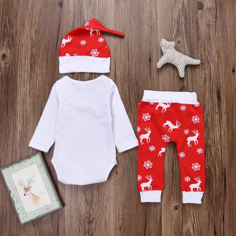 Зимняя одежда для малышей комбинезон, топы с длинными рукавами и круглым вырезом+ штаны, рождественские наряды, одежда с оленями, комплект с рисунками, костюмы для мальчиков и девочек топы