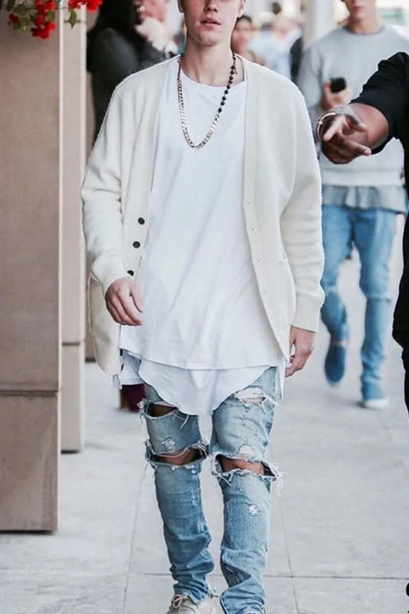 Высокая Уличная Стиль Kanye West джинсы обтягивающие рваные джинсы для мужчин мужские Swag отверстие Байкер мужские узкие джинсы