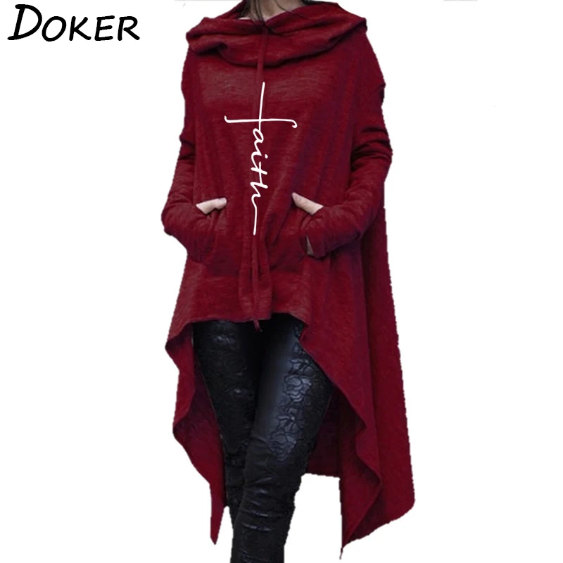 2019 New Faith Letter Embroidered Long Hoodies Women Long Sleeve Irregular Hem Pocket Sweatshirt Fe