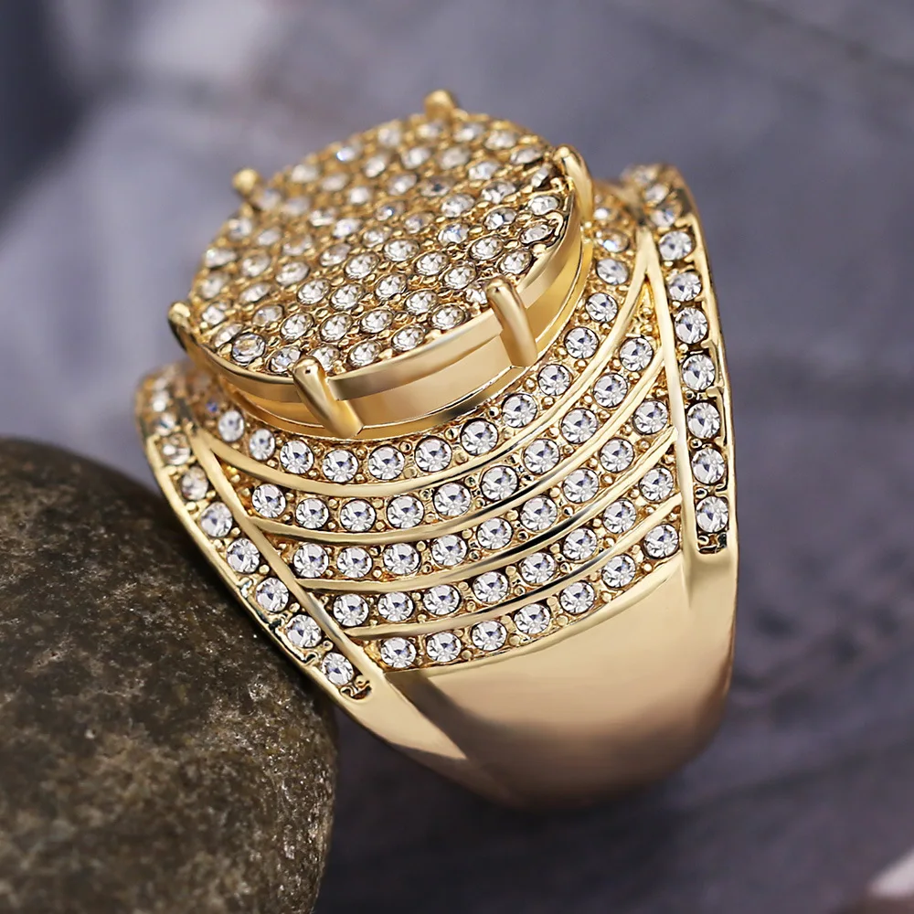 

New Trendy Hyperbole Crystal Zircon Stone Rings For Men 16.5mm Width Metal Geometric Engagement Wedding Joint Ring Gift
