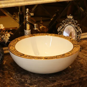 

Europe Vintage Style Luxurious gold eage Glazed ceramics vanity basin Art Countertop sinks artistic wash basin