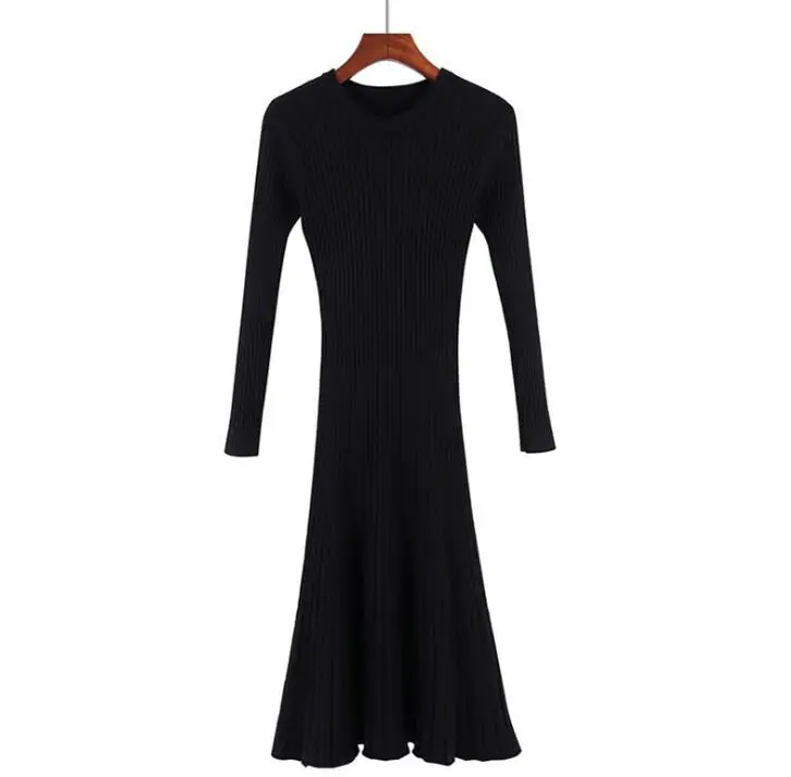 Женское трикотажное платье-свитер трапециевидной формы с круглым вырезом, зимнее плотное вязаное платье, корейская мода, Ретро стиль, длинное платье средней длины - Цвет: Черный