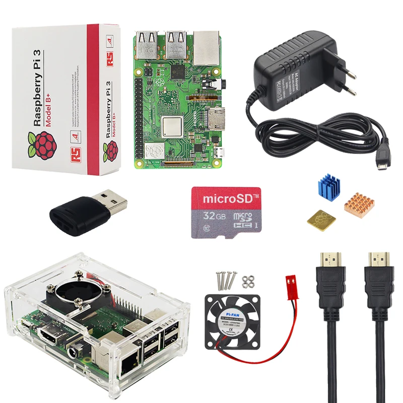 Raspberry Pi 3 Model B+ Plus + Acrylic Case + Fan + SD Card +3A Power Adapter + HDMI Cable + Heat Sink for Raspberry Pi 3 B+ Raspberry Pi 3 Model B+ Plus + Acrylic Case + Fan + SD Card +3A Power Adapter + HDMI Cable + Heat Sink for Raspberry Pi 3 B+