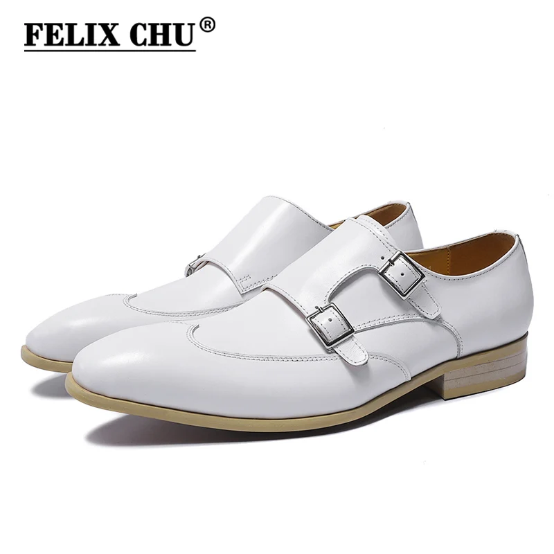 

FELIX CHU Genuine Leather Men Monk Strap White Dress Shoes Wedding Party Suit Footwear Double Buckle Size 39-45 #E71815-22