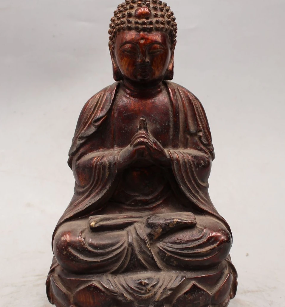

11"China Wood handwork carve Sakyamuni Shakyamuni Amitabha Buddha Statue