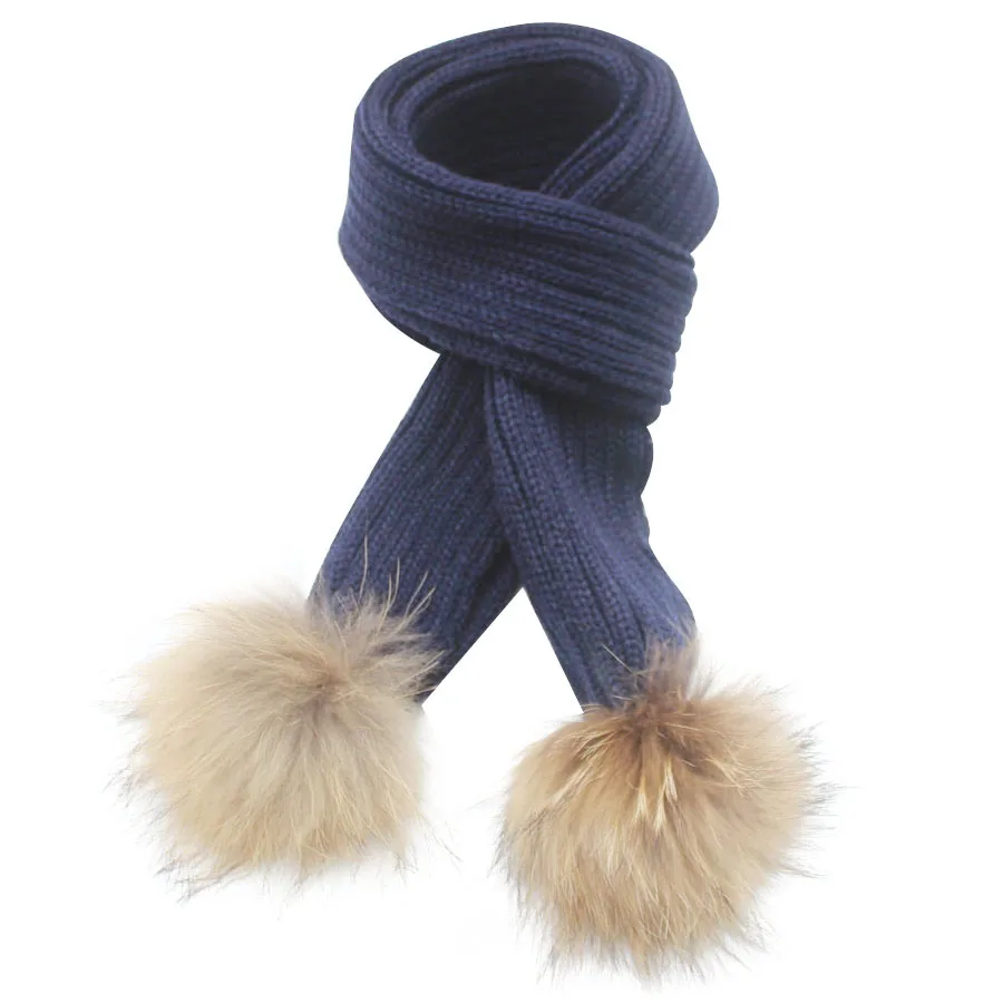 150*16cm crochet Children Scarf wool Knitted Winter Fur Scarves With Detachable Real Raccoon Fur Pom Poms neckwarmer Scarf