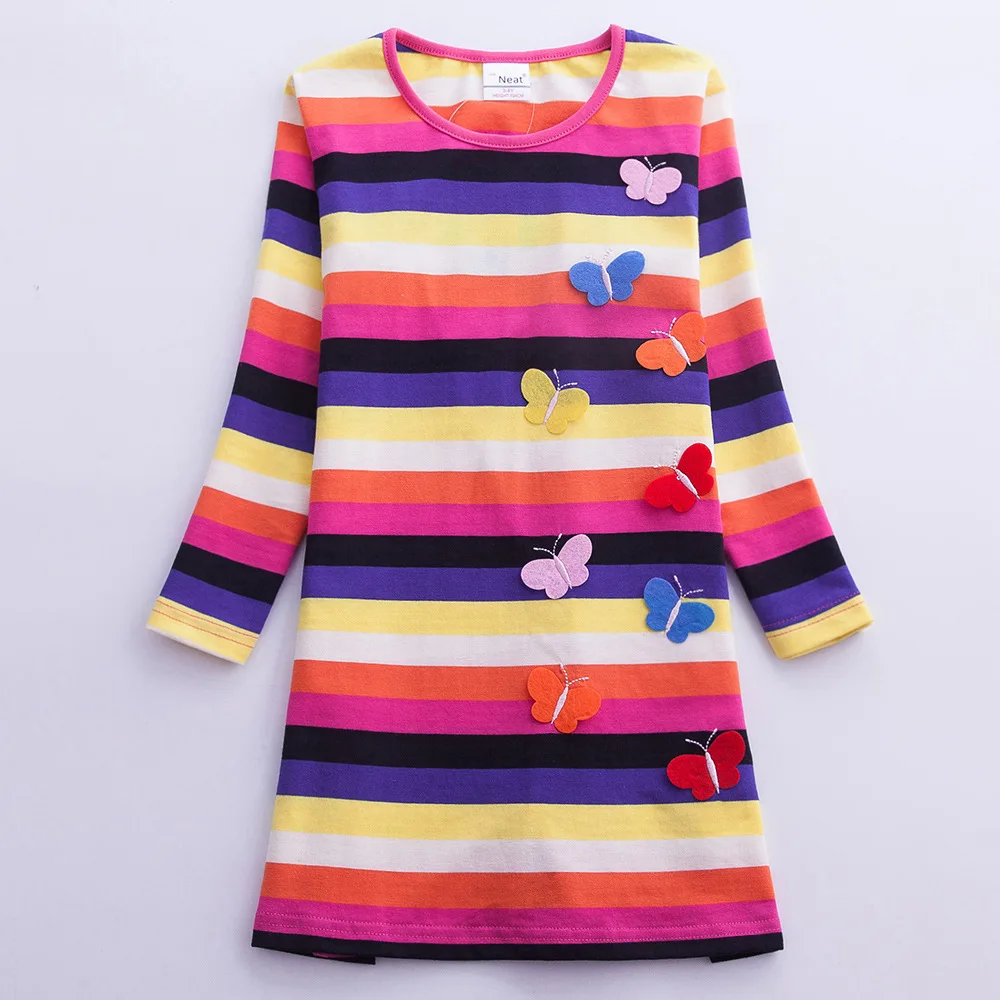 Платье с длинными рукавами для девочек, хлопковые весенне-осенние платья в радужную полоску с вышитыми бабочками для девочек, AL6462