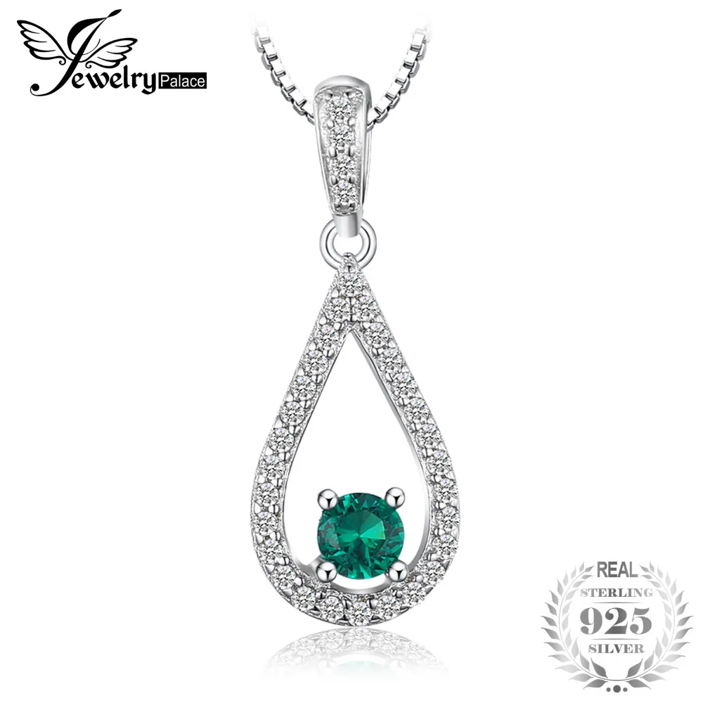 

JewelryPalace Elegance Pear Nano Russian Simulated Emerald Drop Pendant Necklaces Woman Pure 925 Sterling Silver 45cm Box Chain