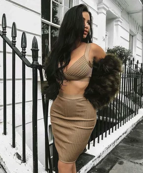 

Top Quality Army Green 2 Pieces Set Rayon Bandage Dress Night Club Party Pencil Dress