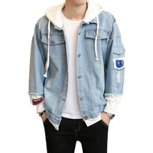 Men Jackets Spring Autumn 2019 Fake Two Pieces Patchwork Denim trend Hooded Jacket embroidery casual new men's denim jacket Coat hooded wing embroidery distressed denim jacket