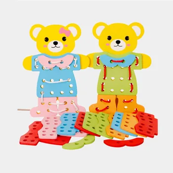 

Cute Cartoon Bears Dressing Threading Wooden Jigsaw Puzzle Educational Early Learning Gifts Toys for Kids Children