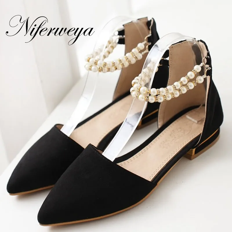 

Big size 31-47 Spring/Autumn women shoes fashion Pointed Toe Ankle Strap flats Beading decoration flat sandals zapatos mujer