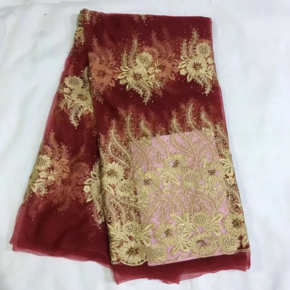 

5 Yards/pc Nice looking wine french net lace fabric with beads and gold embroidery african mesh lace for dress HS9-8