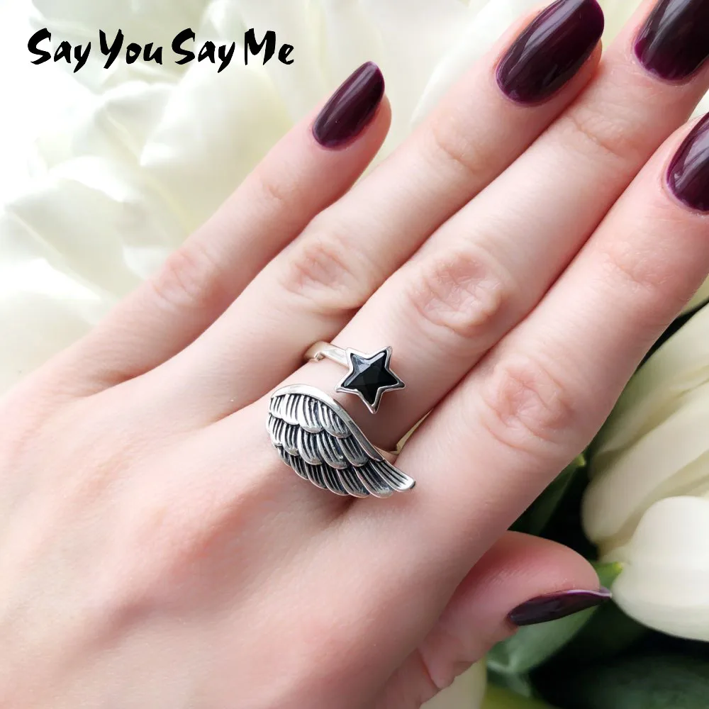 

SAY YOU SAY ME 925 Sterling Silver Wings Black Natural Gemstone Star Rings For Women Vintage Silver Punk Rings Dropshipping