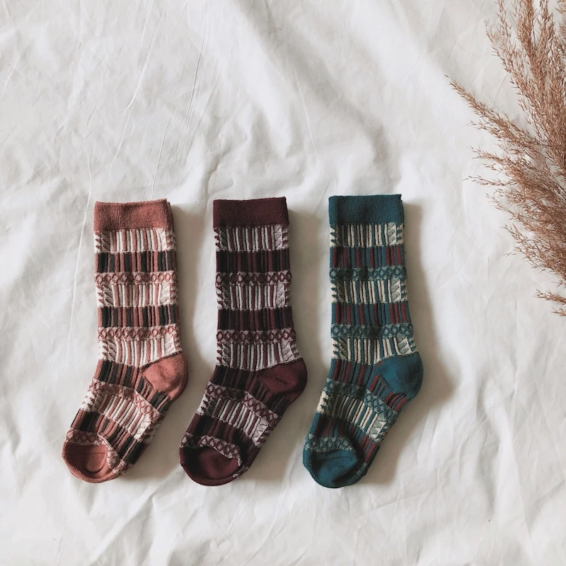 

MYUDI-3 pairs Girls' Cotton Socks Autumn Winter Children Multi-color Warm Knee-high Stripped Socks Korea Retro Style Kids Socks