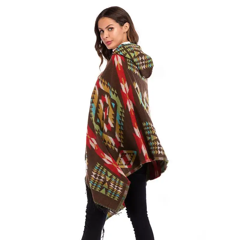 Autumn Europe And American Women Clothing Female Hooded Large Size National Style Cloak Shawl Geometric Pattern Tassel Coat - Цвет: Хаки