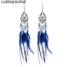 LUBINGSHINE сережки с кисточками Boho Длинные красные синие белые серьги-капли с перьями для женщин винтажные ювелирные изделия ручной работы