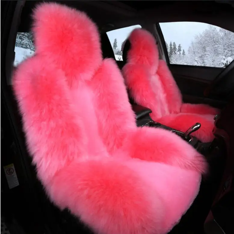 

1Pcs Set Car Front Seat Cover & Fur Car Seat Steering Wheel Cover Pink Wool Winter Essential Universal Furry Fluffy Thick Faux