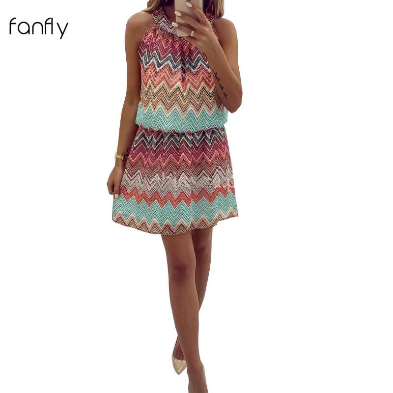 

Bohemian Dress Summer Women Sleeveless Mini Print Wave Mini Casual Beach Sundress Korean Clothes 2019 SJ3549F