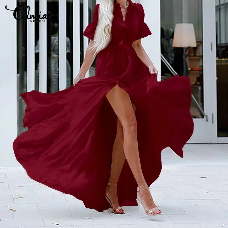 Celmia Bohemian White Ruffled Dress Women Short Sleeve Button Casual Split Sexy Maxi Long Vestidos Swing Party Dress Plus Size Celmia Bohemian White Ruffled Dress Women Short Sleeve Button Casual Split Sexy Maxi Long Vestidos Swing Party Dress Plus Size