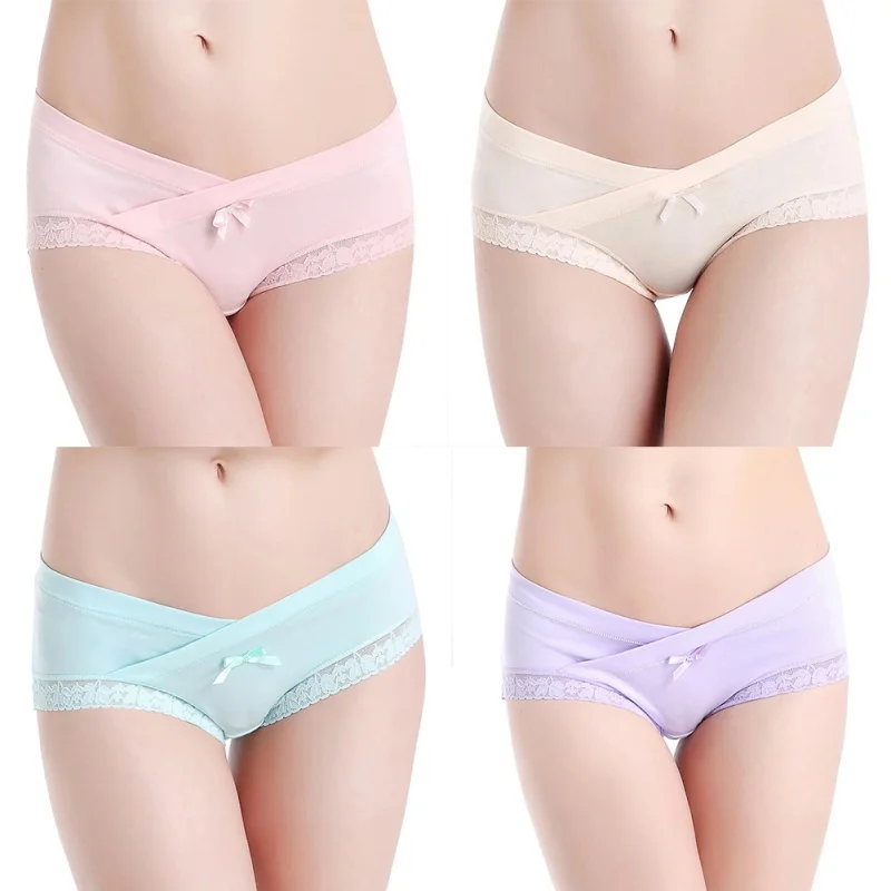 Women Sexy Cotton S-2XL Pregnant Low Cute No Lace Solid Bow Briefs Type Care V Waist Underwear Belly Trace Panties