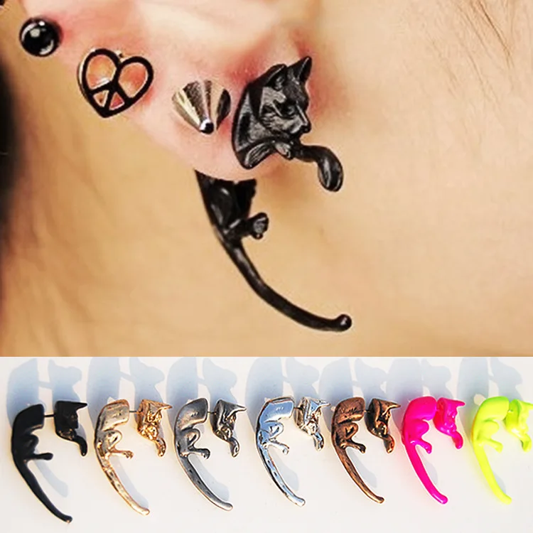 

Korean ROWKY Harajuku stereo colorful fluorescent long tail leopard fashion kitten alloy pierced ear studs earrings