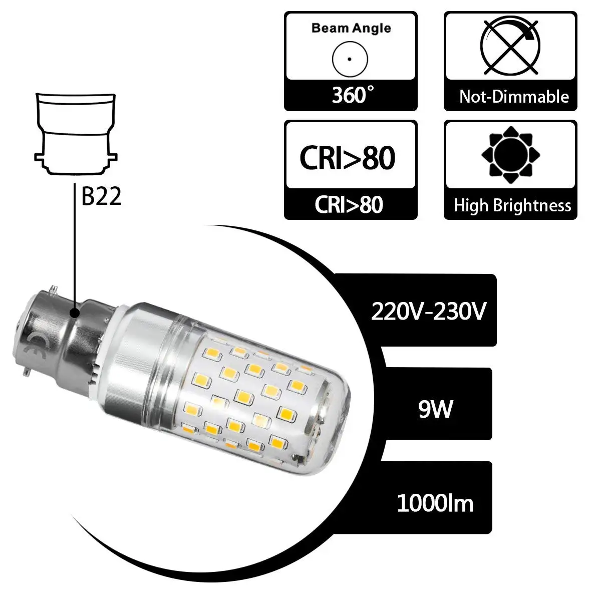 Светодиодный светильник-кукуруза B22, эквивалент 80 Вт, 9 Вт, 2700 K, теплый белый канделябр, угол 1000 люменов, штык, светодиодный светильник-свеча, 3 шт. в упаковке