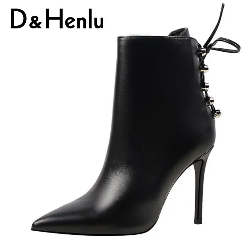 

{D&Henlu} 2018 Lace-up Boots Womens Shoes High Heel Short Boots Autumn Boot Female Pointed Toe Thin Heel Ankle Boot Sexy Rivets