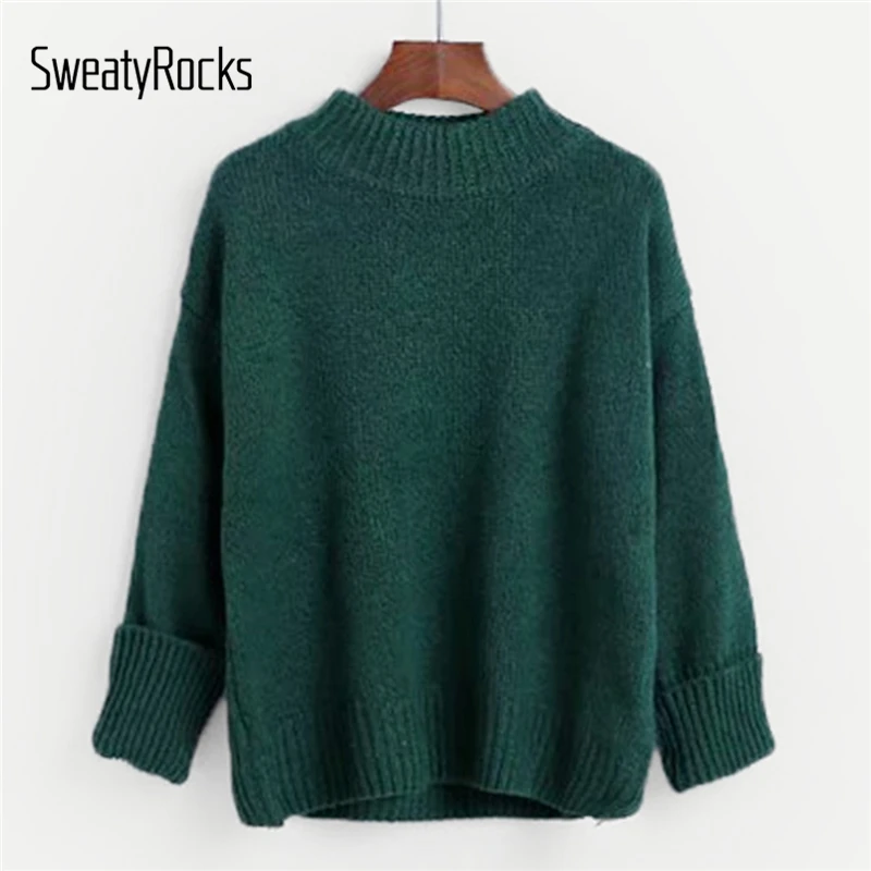 SweatyRocks Green Solid Drop Shoulder Jumper Lady Long Sleeve Knitted