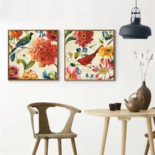 HAOCHU American Pastoral Decorative Painting Canvas Print Art Poster Flowers Birds Colorful Warm Home Living Room Bedroom Hotel