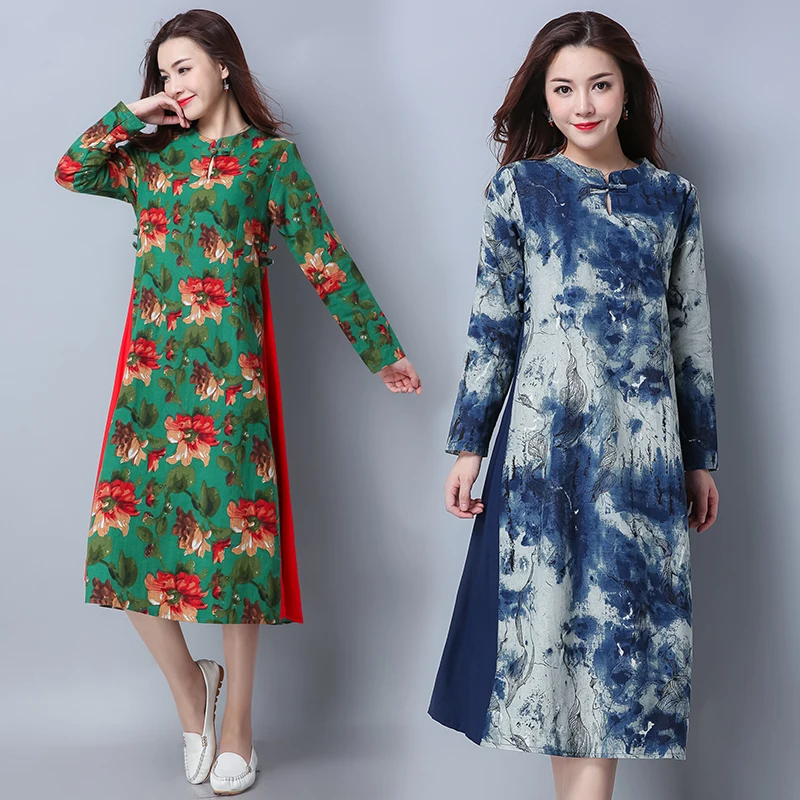 

2018 New Ethnic Style Print Long Sleeve Vintage Women Dress Chinese Style Cotton And Linen Cheongsam Patchwork Woman's Clothes